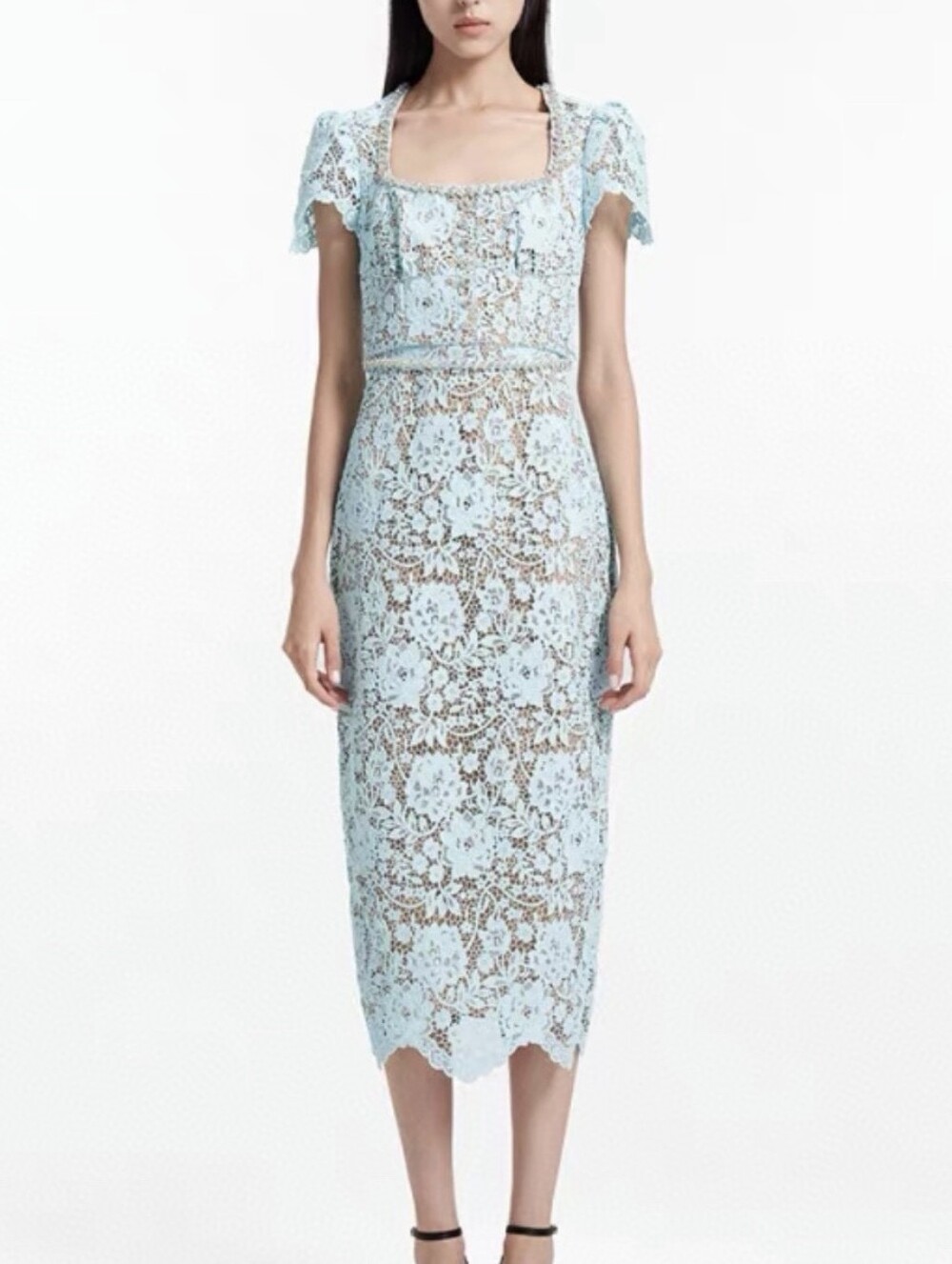 Self-Portrait Blue Cord Lace Diamante Midi Dress
